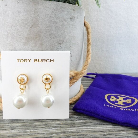 Tory Burch Saher Logo Drop Earrings Ivory/Tory Gold OS - Picture 10 of 12